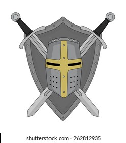 Two crossed swords shield and helmet heraldry emblem. Security logo. Clip art color vector illustration isolated on white