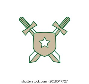 Two crossed swords with shield with star. Ancient weapon