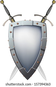 Two crossed swords that are behind the shield. The shield has a blank space for writing or drawing