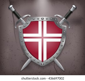 Dos espadas cruzadas que están detrás del Escudo. El Escudo tiene un espacio para letras o logotipos. Ilustración del vector de fondo medieval