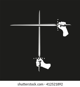 Two crossed swords in their hands. Vector illustration. Black and white view.