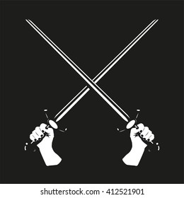 Two crossed swords in their hands. Vector illustration. Black and white view.