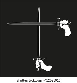 Two crossed swords in their hands. Vector illustration. Black and white view.