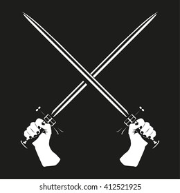 Two crossed swords in their hands. Vector illustration. Black and white view.