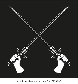Two crossed swords in their hands. Vector illustration. Black and white view.