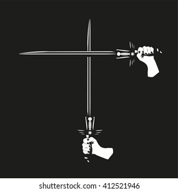 Two crossed swords in their hands. Vector illustration. Black and white view.