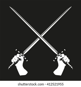 Two crossed swords in their hands. Vector illustration. Black and white view.