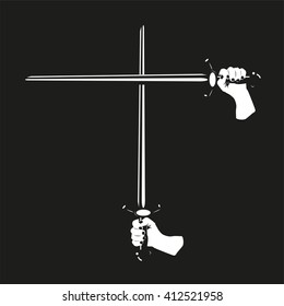 Two crossed swords in their hands. Vector illustration. Black and white view.