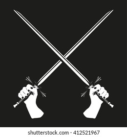 Two crossed swords in their hands. Vector illustration. Black and white view.