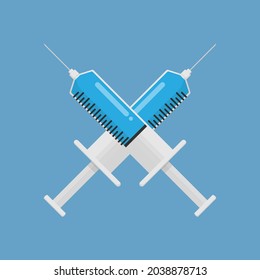 Two crossed syringes. Flat design vector illustration on isolated background.