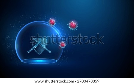 Two crossed syringes in front of shield under glass dome with red viruses attacking. Vaccination, medical protection, epidemic prevention concept. Low poly digital futuristic style, wireframe. Vector.