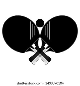 Two crossed table tennis or ping-pong rackets with ball black silhouettes on white background, vector illustration. Ping pong championship label or badge.