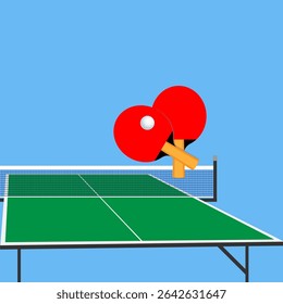 Two crossed table tennis rackets and a tennis ball in front of them over a tennis table with a net on a blue background