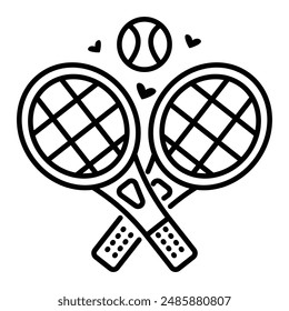 Dos raquetas de tenis cruzadas y pelota. Ilustración monocroma de Vector, ícono de accesorios deportivos, trazo editable