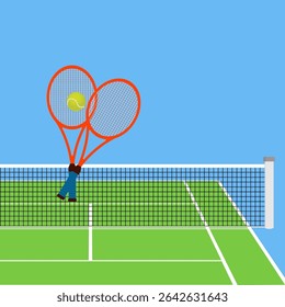 Two crossed tennis rackets and tennis ball in front of them over tennis court with net on a blue background