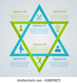 Two crossed triangles infographic template. Business concept with 6 options, parts or steps. Can be used for workflow layout, banner, chart, web design.