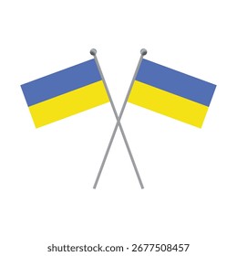 Two crossed Ukrainian flags on poles on a black background flat illustration