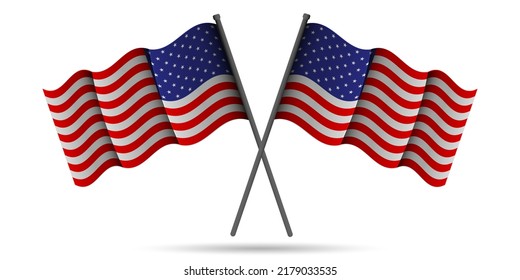 Two crossed United States (USA) national flag. Waving American Flag in 3D style. Vector illustration.EPS10