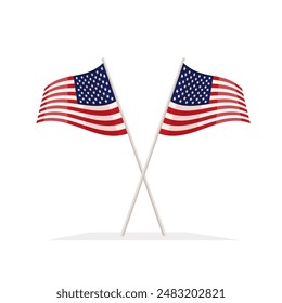 Two crossed USA flag waving on white background. Vector illustration for Independence day.