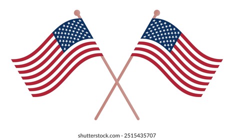 Dos banderas cruzadas de Estados Unidos aisladas sobre un fondo transparente. Concepto de orgullo nacional estadounidense y patriotismo. Ilustración vectorial