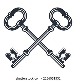 Two crossed vintage keys, heraldic symbol of secret, old delicate keys, vector