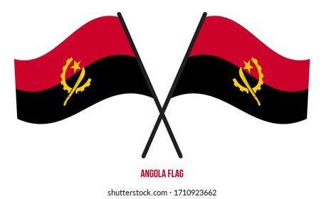 Two Crossed Waving Angola Flag On Isolated White Background. Angola Flag Vector Illustration.