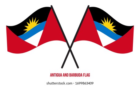 Zwei gekreuzte Waving Antigua und Barbuda Flag auf einfarbigem weißem Hintergrund. Illustration zur Vektorillustration der Flagge von Antigua und Barbuda.