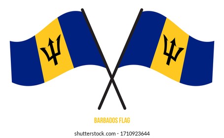 Two Crossed Waving Barbados Flag On Isolated White Background. Barbados Flag Vector Illustration.