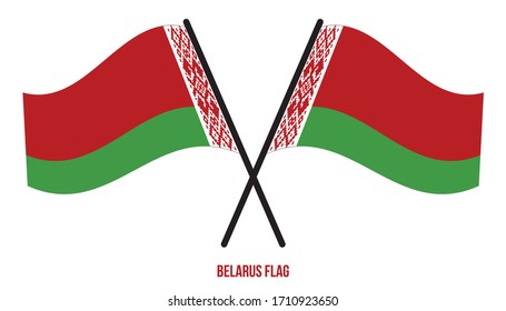 Two Crossed Waving Belarus Flag On Isolated White Background. Belarus Flag Vector Illustration.