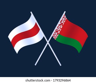 Two Crossed Waving Belarus Flag On Isolated dark Background. Belarus Flag Vector Illustration.