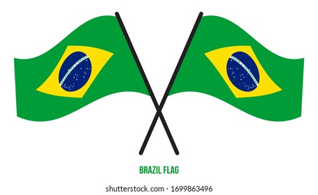 Two Crossed Waving Brazil Flag On Isolated White Background. Brazil Flag Vector Illustration.