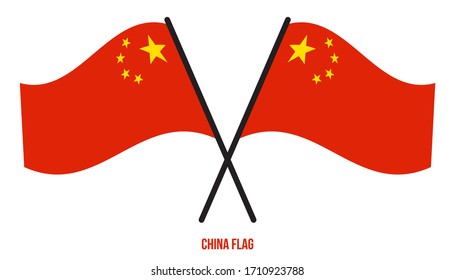 Two Crossed Waving China Flag On Isolated White Background. China Flag Vector Illustration.