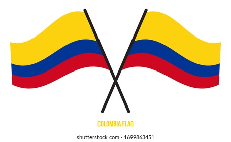 Two Crossed Waving Colombia Flag On Isolated White Background. Colombia Flag Vector Illustration.
