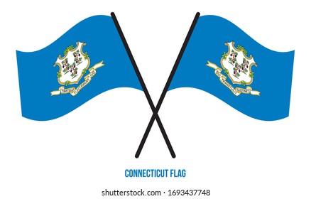 Two Crossed Waving Connecticut Flag On Isolated White Background. United States (USA) Flag Vector Illustration.