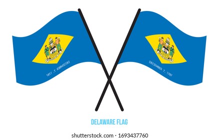 Two Crossed Waving Delaware Flag On Isolated White Background. United States (USA) Flag Vector Illustration.