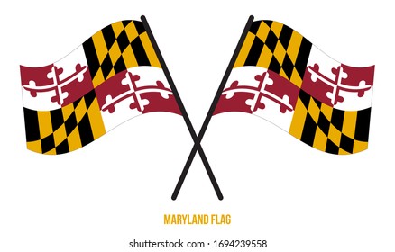 Two Crossed Waving Maryland Flag On Isolated White Background. United States (USA) Flag Vector Illustration.