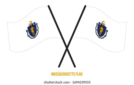 Two Crossed Waving Massachusetts Flag On Isolated White Background. United States (USA) Flag Vector Illustration.