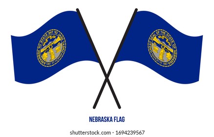 Two Crossed Waving Nebraska Flag On Isolated White Background. United States (USA) Flag Vector Illustration.