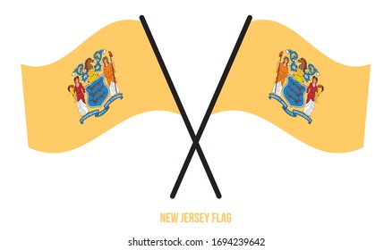 Zwei gekreuzte, wehende Flagge aus New Jersey auf einfarbigem weißem Hintergrund. Illustration der Vektorillustration der Vereinigten Staaten (USA).