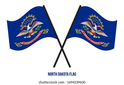 Two Crossed Waving North Dakota Flag On Isolated White Background. United States (USA) Flag Vector Illustration.