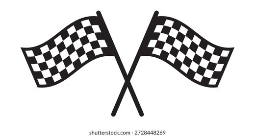 Zwei gekreuzte Wellen-Rennflaggen auf Stöcken mit kariertem Schwarz-Weiß-Print. Start oder Ziel Signalstützen auf Sportwagen Wettbewerb. Rallye, Karting oder Motocross-Tool. Vektorgrafik.