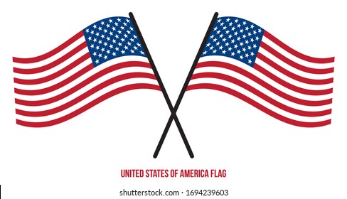 Two Crossed Waving United States Flag On Isolated White Background. United States (USA) Flag Vector Illustration.