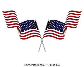 Two crossed waving USA flags isolated on white background.