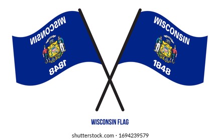 Two Crossed Waving Wisconsin Flag On Isolated White Background. United States (USA) Flag Vector Illustration.