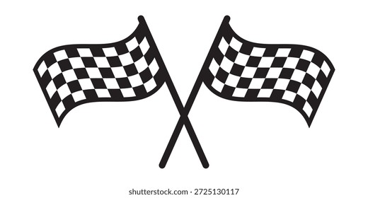 Zwei gekreuzte wellige Rennflaggen mit kariertem schwarz-weißem Muster. Start- oder Zielsymbol bei Sportwagenwettbewerben. Rallye, Karting oder Motocross-Requisiten. Vektorgrafik.