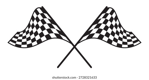 Zwei gekreuzte wellige Rennflaggen mit kariertem Schwarz-Weiß-Print. Start- oder Zielsymbole bei Sportwagenwettbewerben. Rallye, Karting oder Motocross-Requisiten. Siegessymbol. Vektorgrafik.