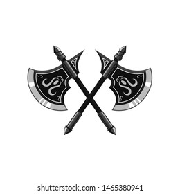 Two crossed weapon axe graphics with ornament patterns illustration