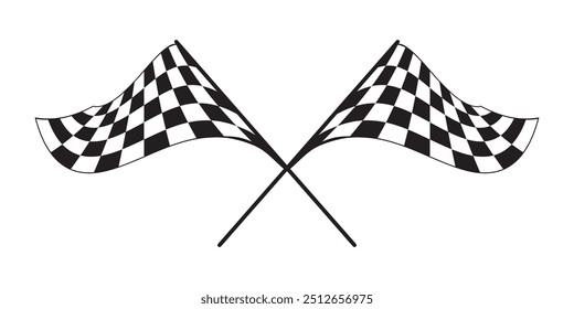 Dos banderas cruzadas de carrera con un patrón a cuadros en blanco y negro. Símbolo de inicio o fin en competiciones de autos deportivos. Apoyos de rally o motocross. Signo de victoria o éxito. Vector ilustración gráfica.