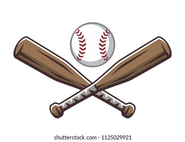 Two crossed wooden baseball bats and ball. Sport logo, emblem, symbol, sign, badge, label, vector illustration in cartoon style, isolated on white background.