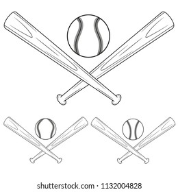 Two crossed wooden baseball bats and ball. Vector illustration isolated on white background. For sport logo, emblem, symbol.